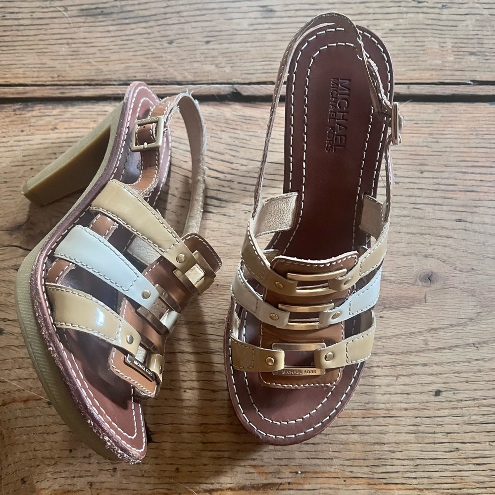 Vintage Michael Kors strappy leather heels with gold detailing. Size 8.